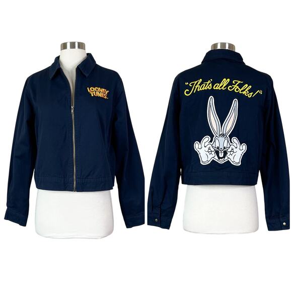Vintage | 90s Looney Tunes Bugs Bunny Navy Blue That's All Folks Zip Jacket M - Picture 1 of 11